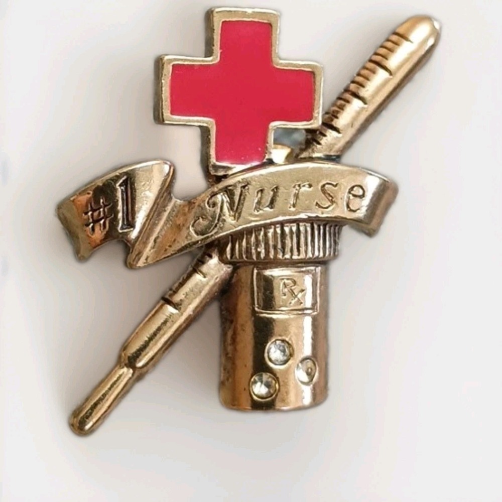 Avon #1 Nurse Lapel Hat Jacket Pin Pinback Gold Tone Red Cross Rhinestone
